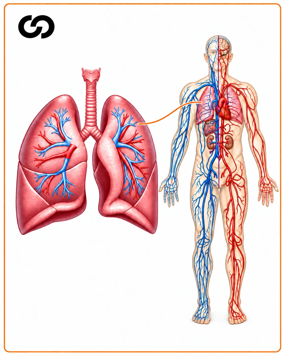 Ilustração dos pulmões e do sistema cardiovascular humano, com a marca COC Online