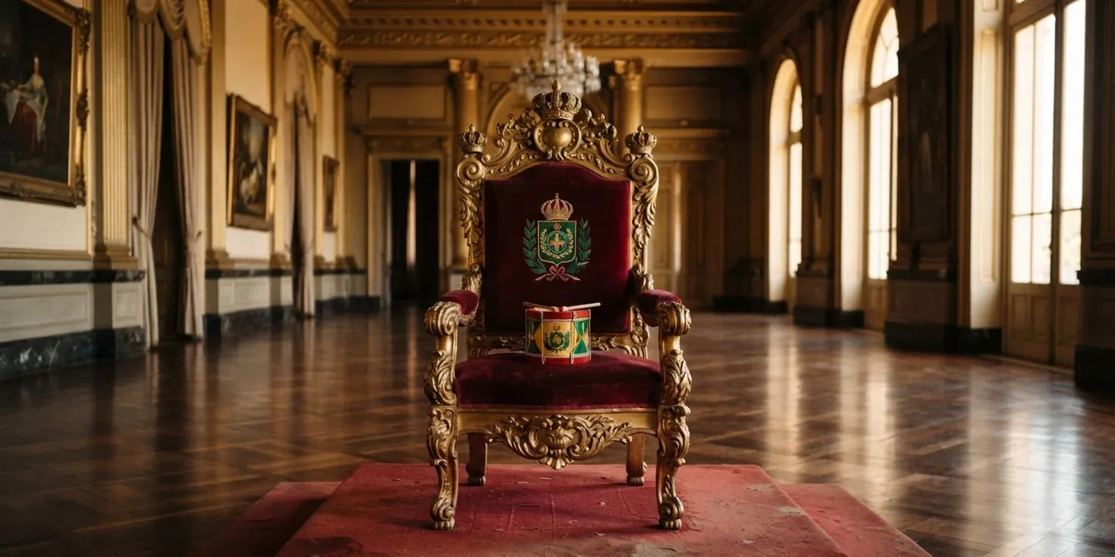 Trono imperial vazio, com um pequeno tambor sobre o assento, em um salão de palácio do século 19