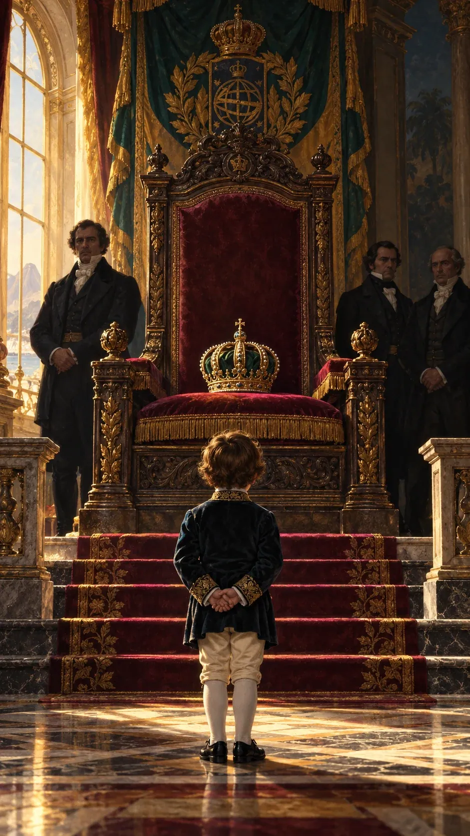 Ilustração simbólica do período regencial: o herdeiro criança diante do trono imperial vazio, cercado por três regentes