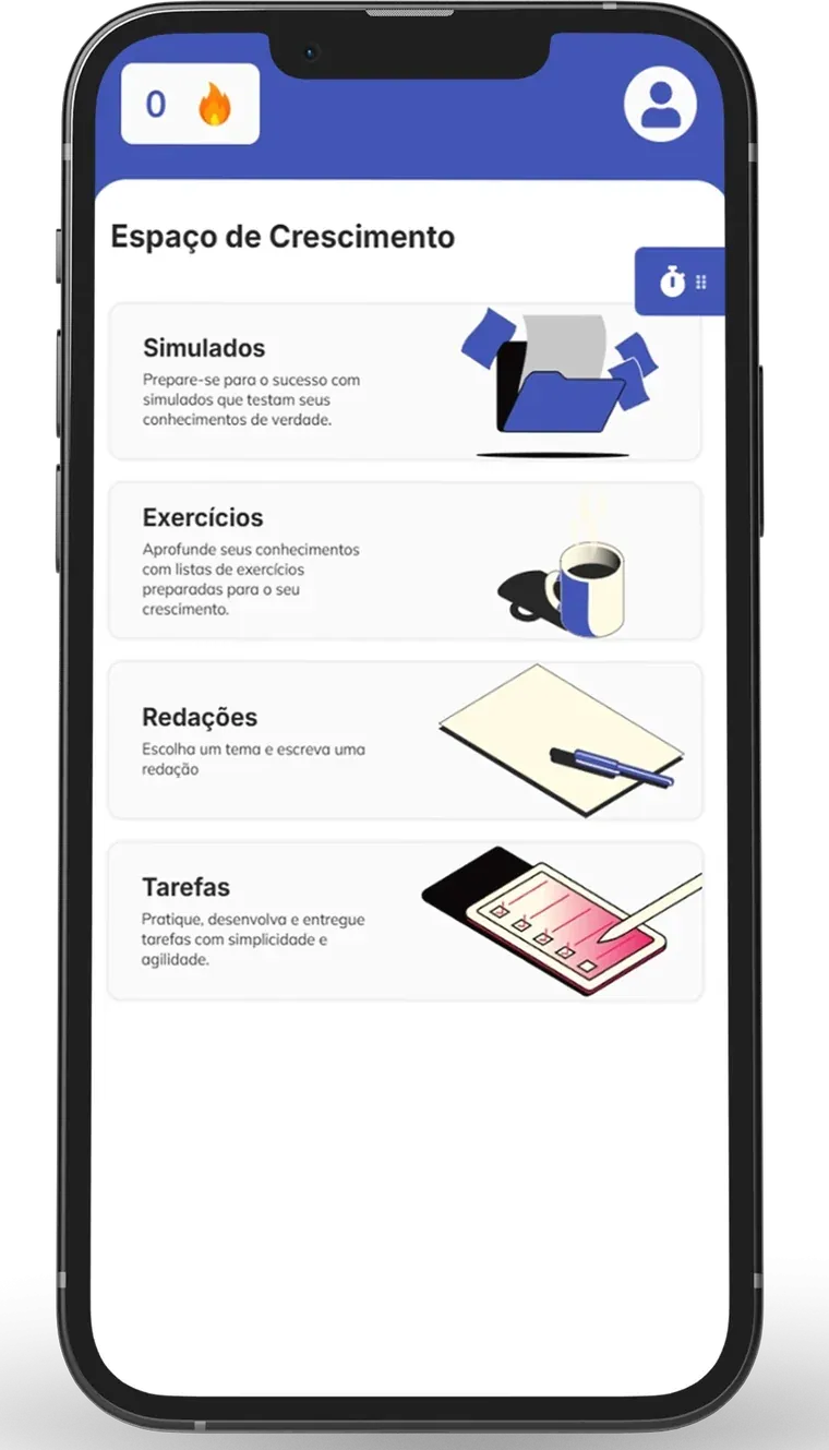 Tela de simulados e exercícios no app do COC