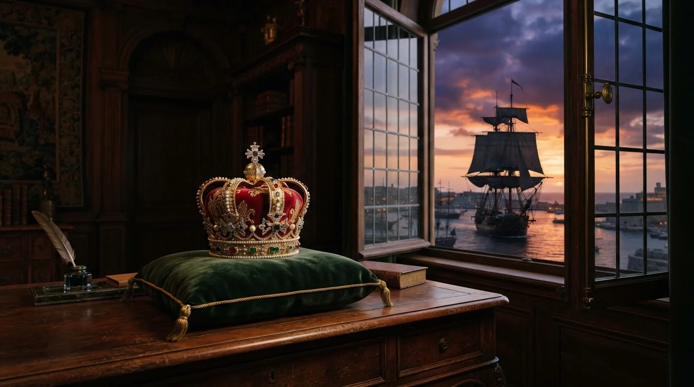 Coroa imperial sobre uma almofada de veludo ao lado de uma janela aberta, com um navio partindo ao entardecer, representando a abdicação de Dom Pedro I