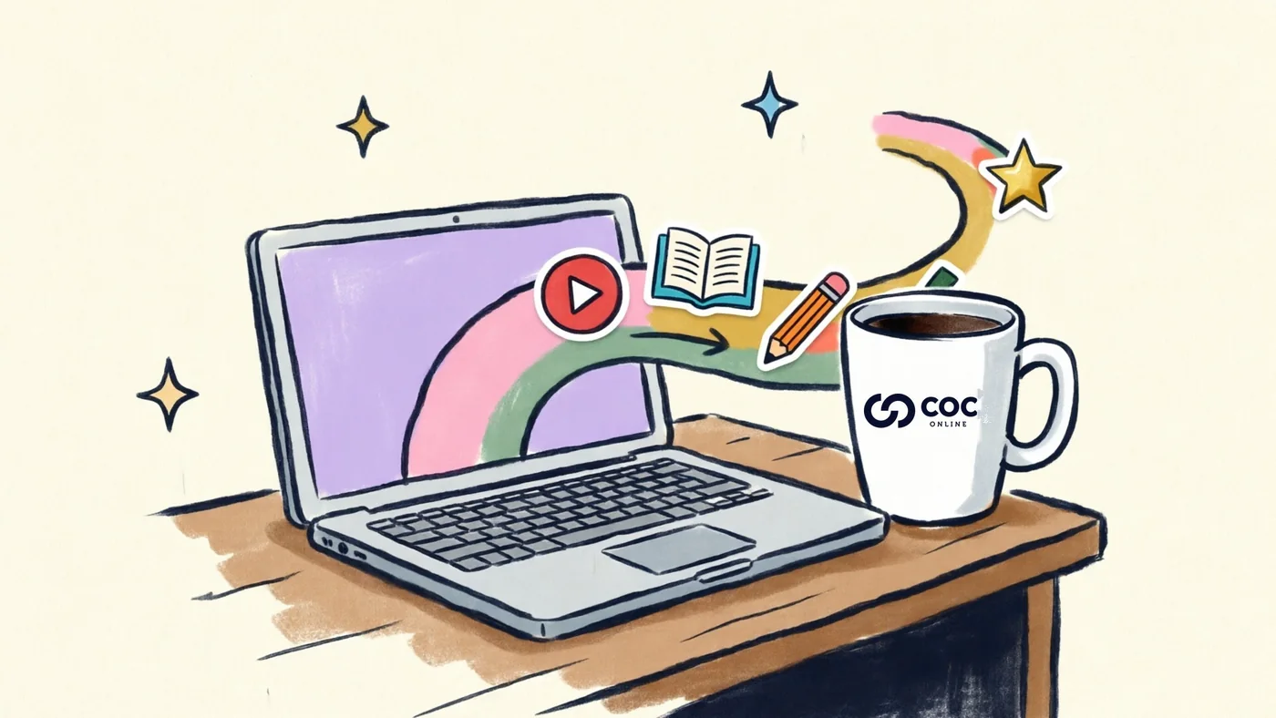 Ilustração de um notebook com um caminho colorido saindo da tela e uma caneca do COC Online ao lado