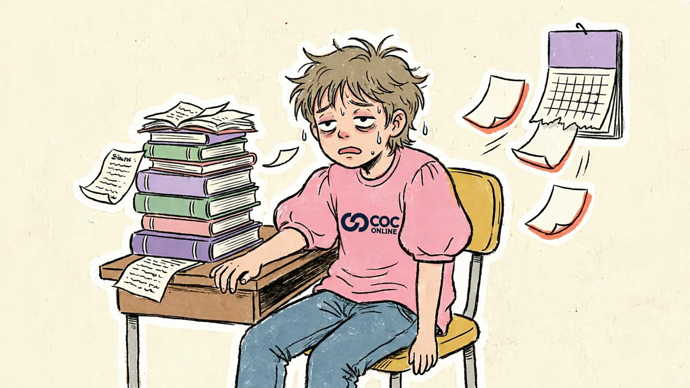 Ilustração de um estudante cansado, com camiseta do COC Online, ao lado de uma pilha de livros e de folhas do calendário voando