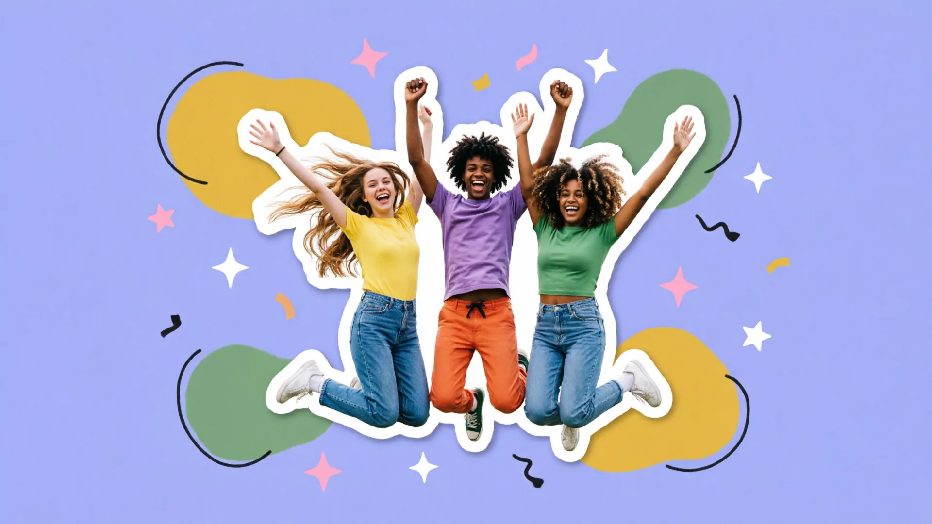Três estudantes pulando de alegria, recortados como adesivo, cercados de manchas e estrelas coloridas