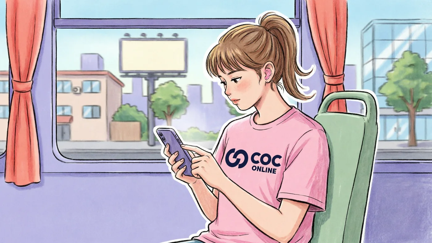 Ilustração de uma estudante com camiseta do COC Online estudando pelo celular dentro do ônibus